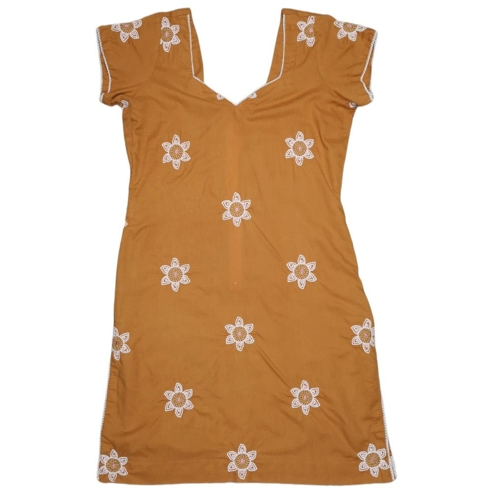 Mustard Yellow White Floral Embroidery Short Sleeve Lightweight‎ Dress